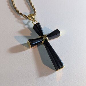 Vintage Jet Glass Cross with 16" Rope Chain Gold Plate 14k gp